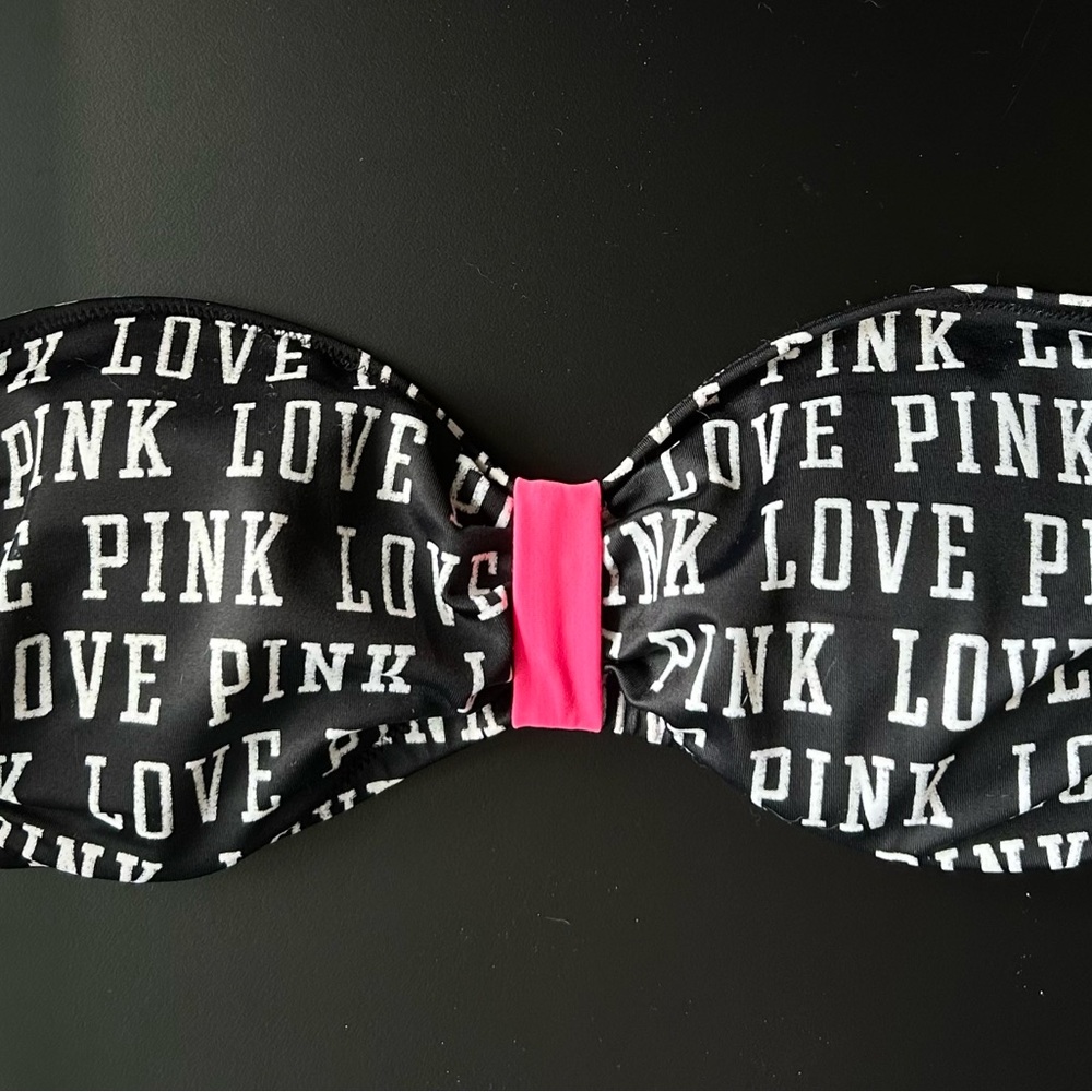 Black and Pink Love Print Bandeau Swim Top